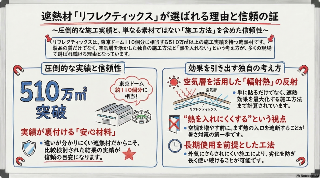 リフレクティックスの施工実績510万㎡突破を示し、東京ドーム約110個分の規模や、遮熱材として選ばれてきた理由を整理したインフォグラフィック