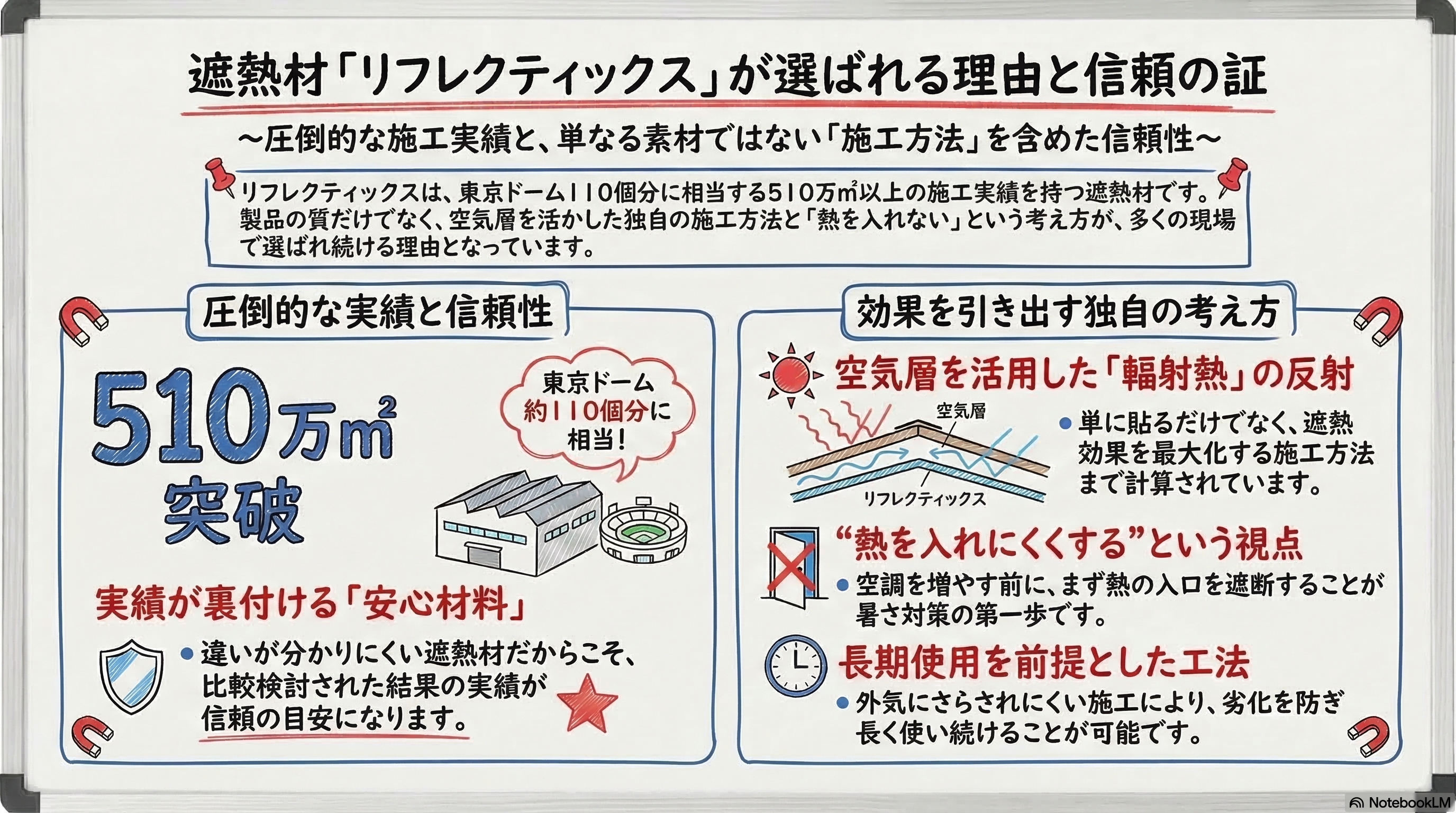 リフレクティックスの施工実績510万㎡突破を示し、東京ドーム約110個分の規模や、遮熱材として選ばれてきた理由を整理したインフォグラフィック