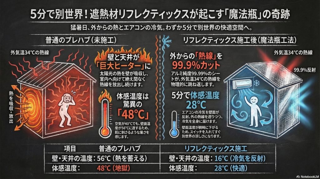 遮熱材リフレクティックスによる魔法瓶効果を示すインフォグラフィック。猛暑日(外気温34℃)のプレハブにおける熱移動の比較。左側は未施工の普通のプレハブで、太陽光の熱線を壁が吸収し56℃の蓄熱状態となり、室内へ輻射熱を放出。空気温度が40℃であってもMRT(平均放射温度)の影響により体感温度は驚異の48℃に。右側はリフレクティックス施工後で、アルミ純度99.99%が熱線を99.9%カット。エアコンの冷気を壁面が反射(冷輻射バウンス)するため、スイッチを入れてわずか5分で壁面温度が16℃に急降下し、体感温度28℃の快適空間を実現するメカニズムを比較解説。