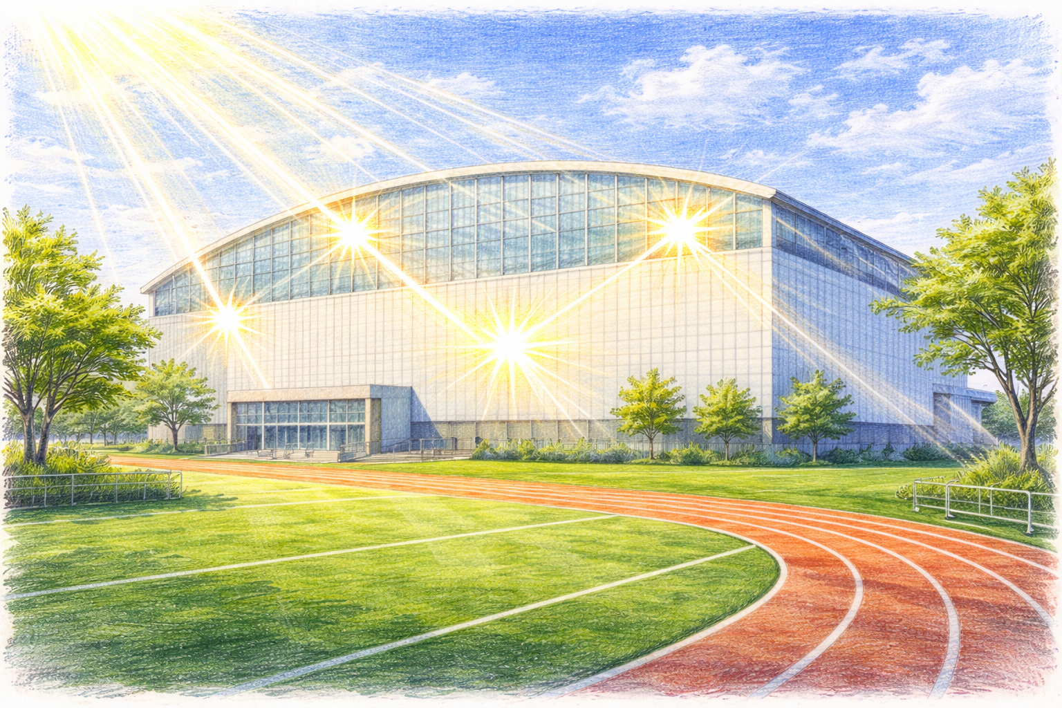 強い日差しを受けるスポーツ施設で、屋根や外壁に当たった熱線を反射し、遮熱対策の重要性を表現した色鉛筆風イラスト