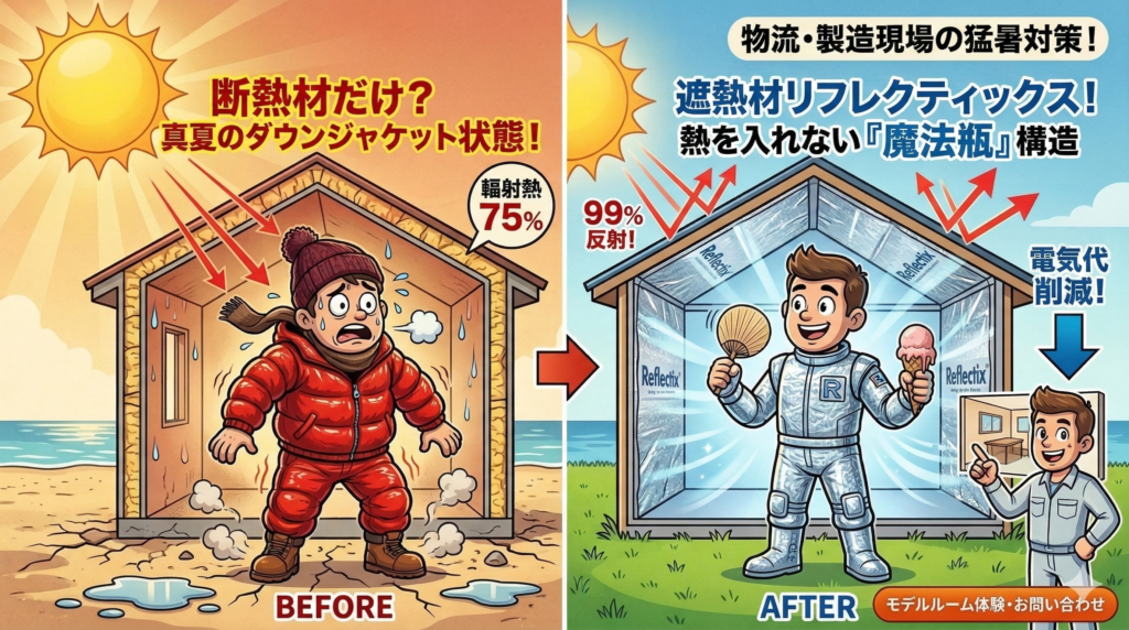 倉庫の暑さ対策における断熱と遮熱の比較図。左側は断熱材のみで「真夏のダウンジャケット状態」になり輻射熱を75%蓄熱してしまう様子、右側は遮熱材リフレクティックスで輻射熱を99%反射し、室内を魔法瓶構造にして電気代削減と熱中症対策を実現する仕組みの解説。