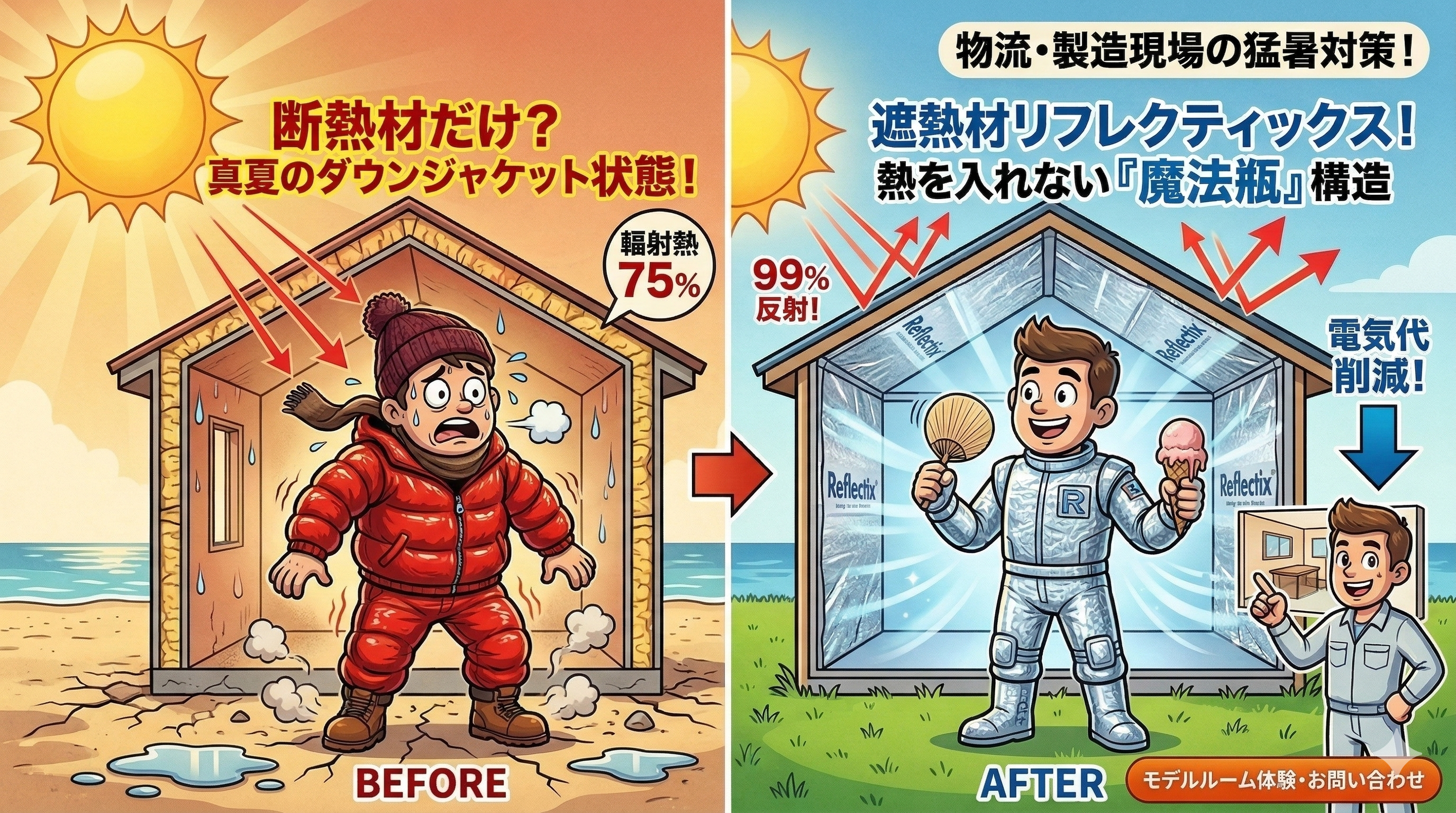 倉庫の暑さ対策における断熱と遮熱の比較図。左側は断熱材のみで「真夏のダウンジャケット状態」になり輻射熱を75%蓄熱してしまう様子、右側は遮熱材リフレクティックスで輻射熱を99%反射し、室内を魔法瓶構造にして電気代削減と熱中症対策を実現する仕組みの解説。