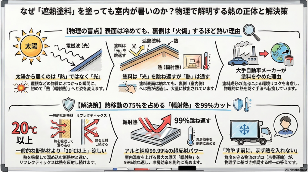 遮熱塗料とリフレクティックスの比較図。左側は遮熱塗料で、表面は冷めても裏面がアツアツになる現象や化学物質の流出リスクを解説。右側はリフレクティックスで、アルミ純度99.99%により輻射熱を99%カットし、断熱材より20℃以上涼しい実験結果と大手自動車メーカーでの採用実績を紹介。