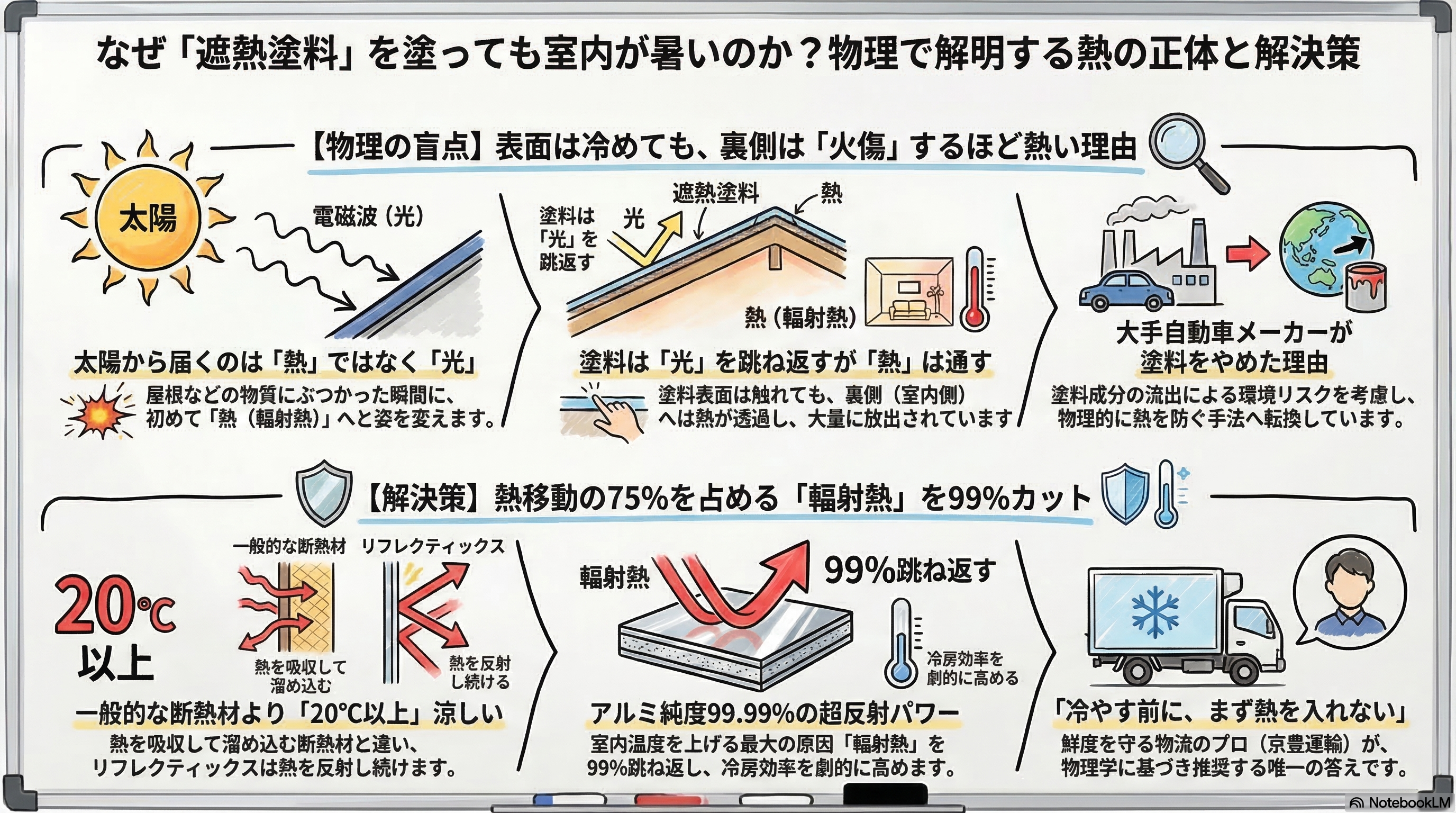 遮熱塗料とリフレクティックスの比較図。左側は遮熱塗料で、表面は冷めても裏面がアツアツになる現象や化学物質の流出リスクを解説。右側はリフレクティックスで、アルミ純度99.99%により輻射熱を99%カットし、断熱材より20℃以上涼しい実験結果と大手自動車メーカーでの採用実績を紹介。