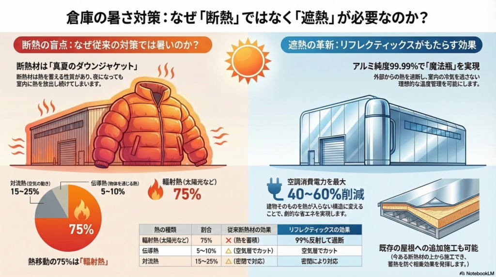 倉庫の暑さ対策における断熱と遮熱の比較解説図。熱移動の75%を占める輻射熱をリフレクティックスが99%反射する仕組みと、空調消費電力を最大40%〜60%削減できる効果のグラフ。従来の断熱材が熱を蓄積するのに対し、リフレクティックスは魔法瓶構造で外部の熱を遮断し、室内を温度管理する科学的根拠。既存の屋根への追加施工例も図解。