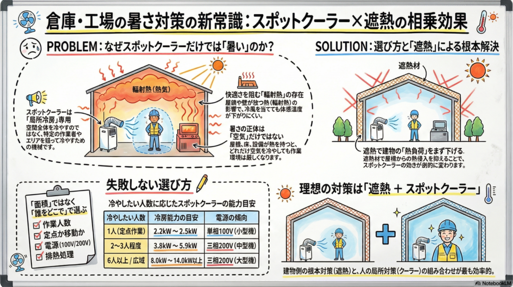 倉庫で使うスポットクーラーの役割と限界、屋根からの輻射熱の影響、遮熱材と併用することで暑さ対策の効果を高める考え方を整理した図