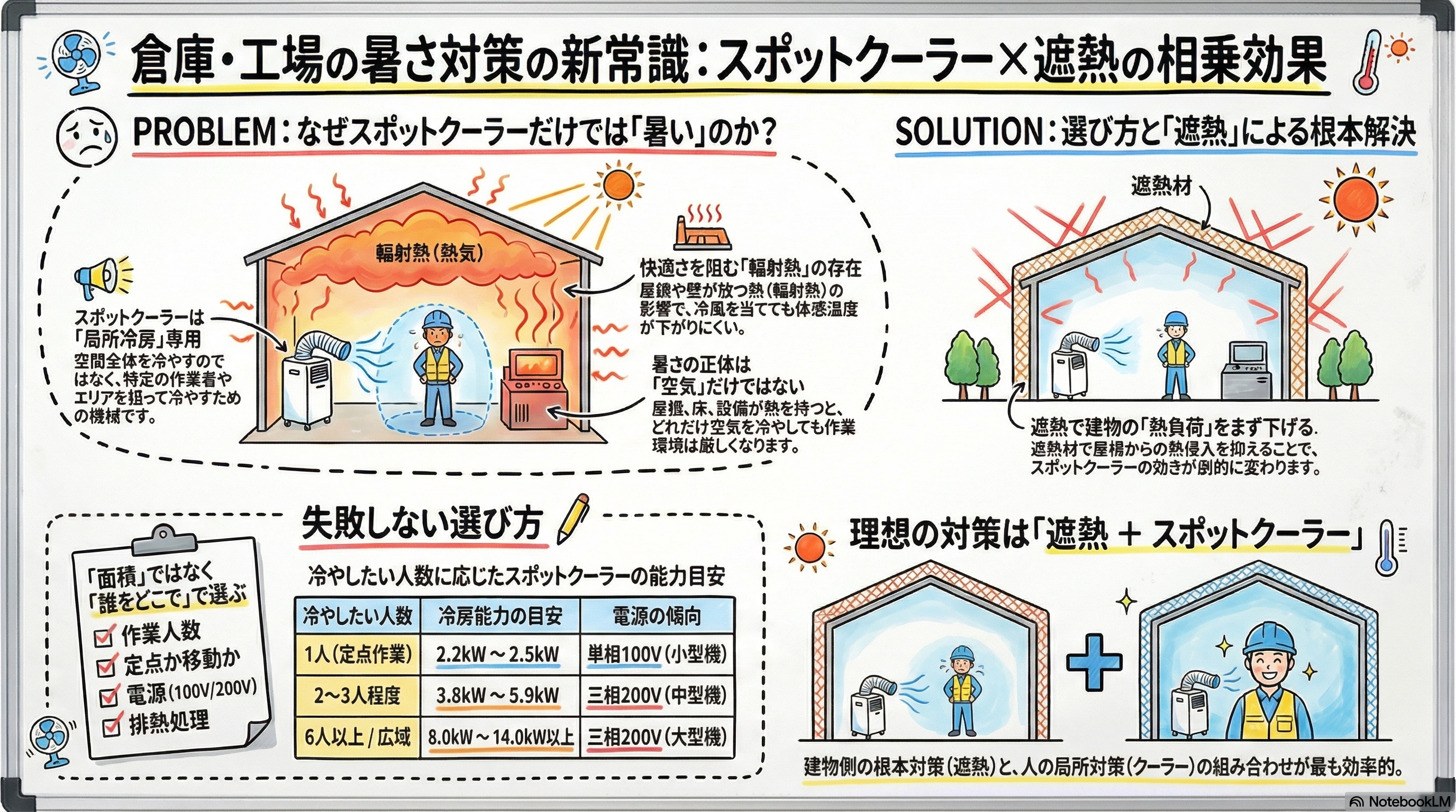 倉庫で使うスポットクーラーの役割と限界、屋根からの輻射熱の影響、遮熱材と併用することで暑さ対策の効果を高める考え方を整理した図