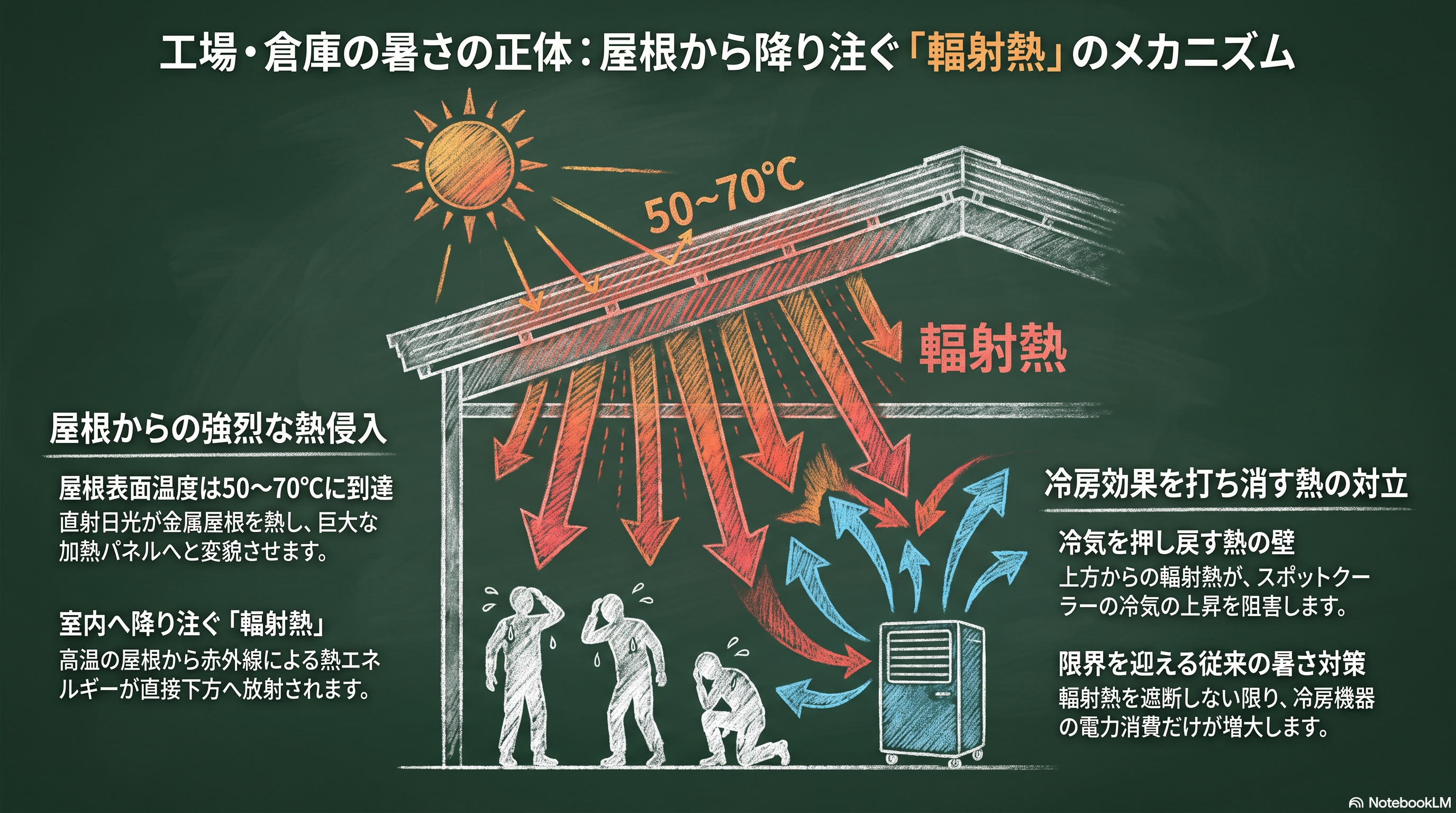 スポットクーラーが複数台置かれた工場で、屋根からの輻射熱（表面温度50〜70℃）が室内へ降りそそぐ様子を示した図。空気を冷やしても輻射熱は止められないことを表す