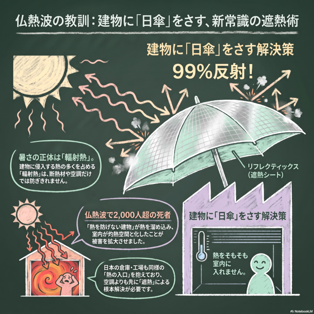 輻射熱を反射率99%（カタログ値）で跳ね返す遮熱シートを施工した金属屋根の倉庫の断面イメージ。屋根表面50〜70℃の熱を反射し室内への熱侵入を抑える様子