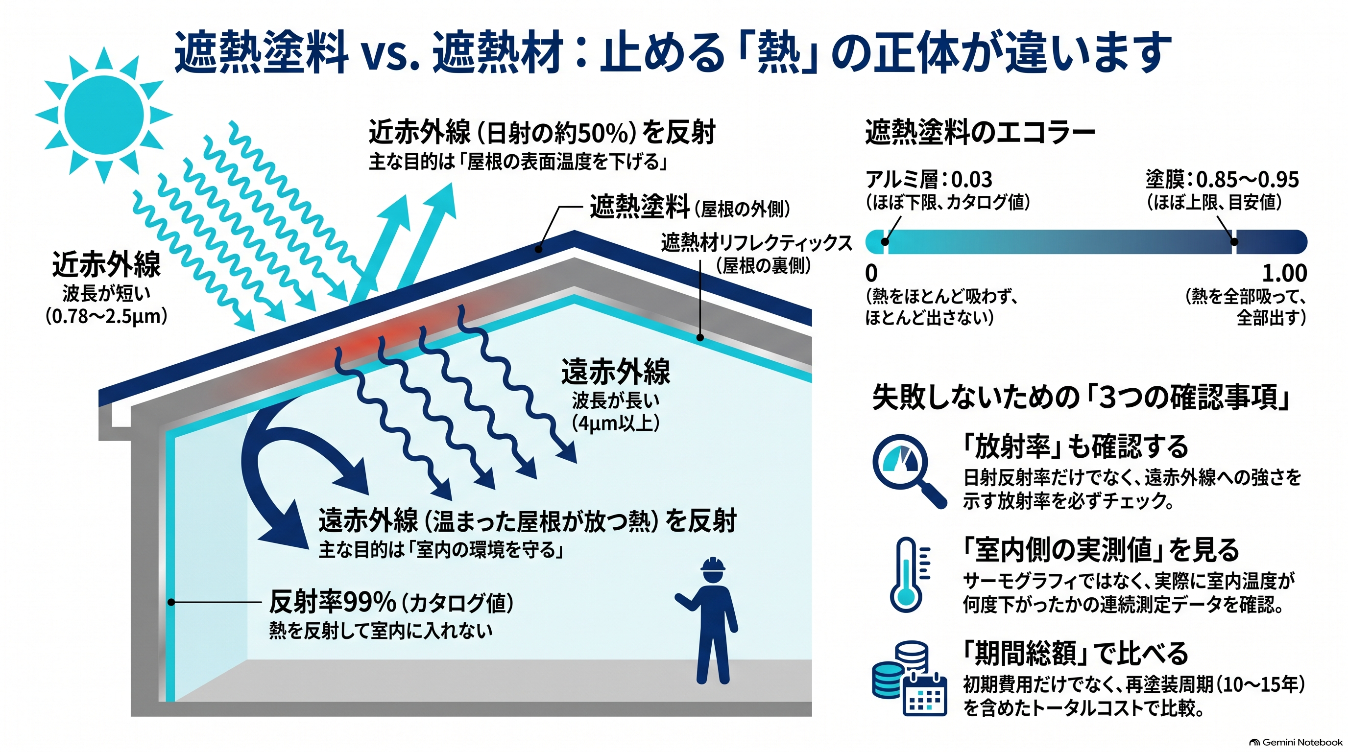金属屋根の断面図。屋根の外側で日射（近赤外線）を反射する遮熱塗料と、屋根裏側で遠赤外線を反射する遮熱材の持ち場の違いを示した二段構えの図
